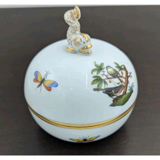 Herend Dolphin Finial Knob Bonbon Trinket Box Birds Butterflies Hungary