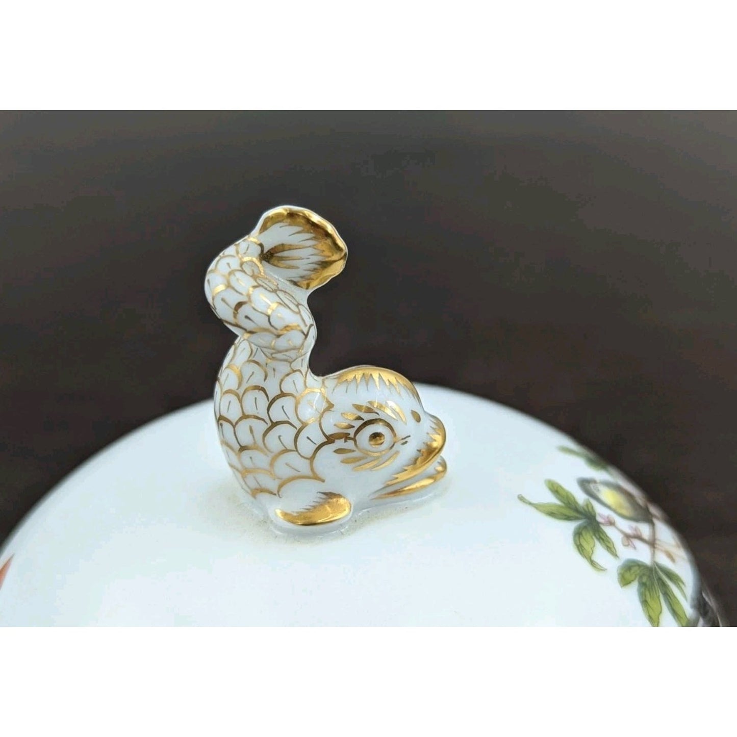 Herend Dolphin Finial Knob Bonbon Trinket Box Birds Butterflies Hungary