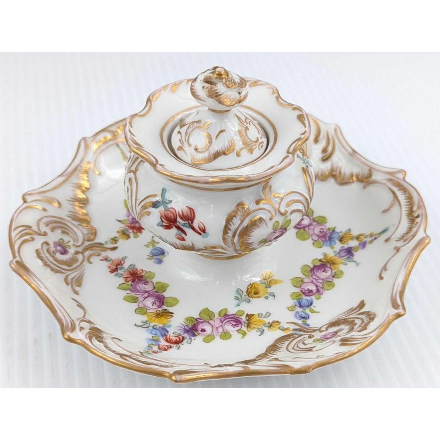 Hand Painted Porcelain Inkwell Floral Gilded With Lid Dresden (?)