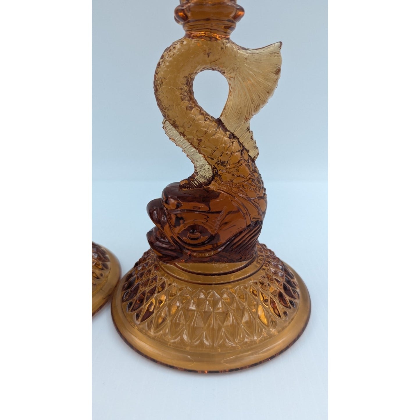 Pair Cambridge Glass Dolphin Candlesticks 9.5” Amber Glass #109 Vintage