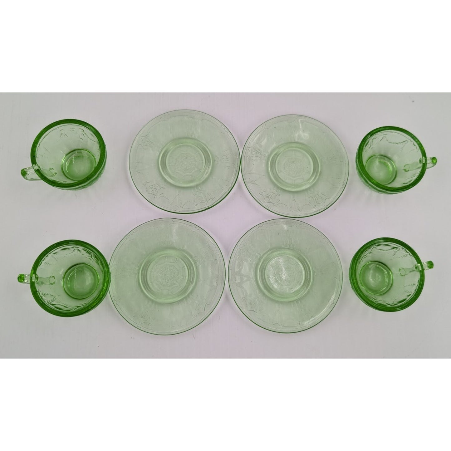 Vintage Mosser Green Glass Miniature Jennifer Set #2 - 4 Tea Cups & Saucers