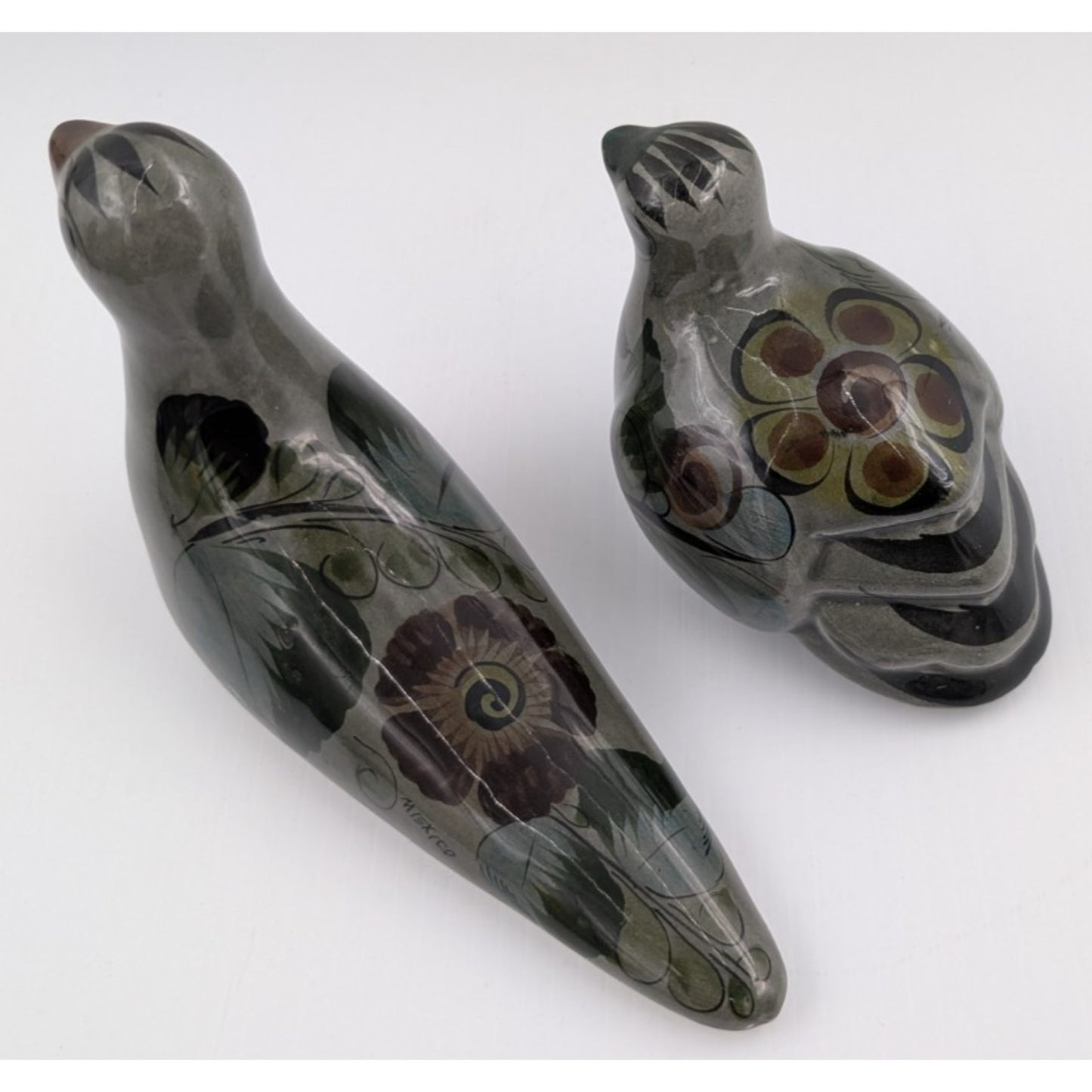 Vintage Mexican Pottery Bird Figurines Hand Painted Folk Art Birds Set of 2