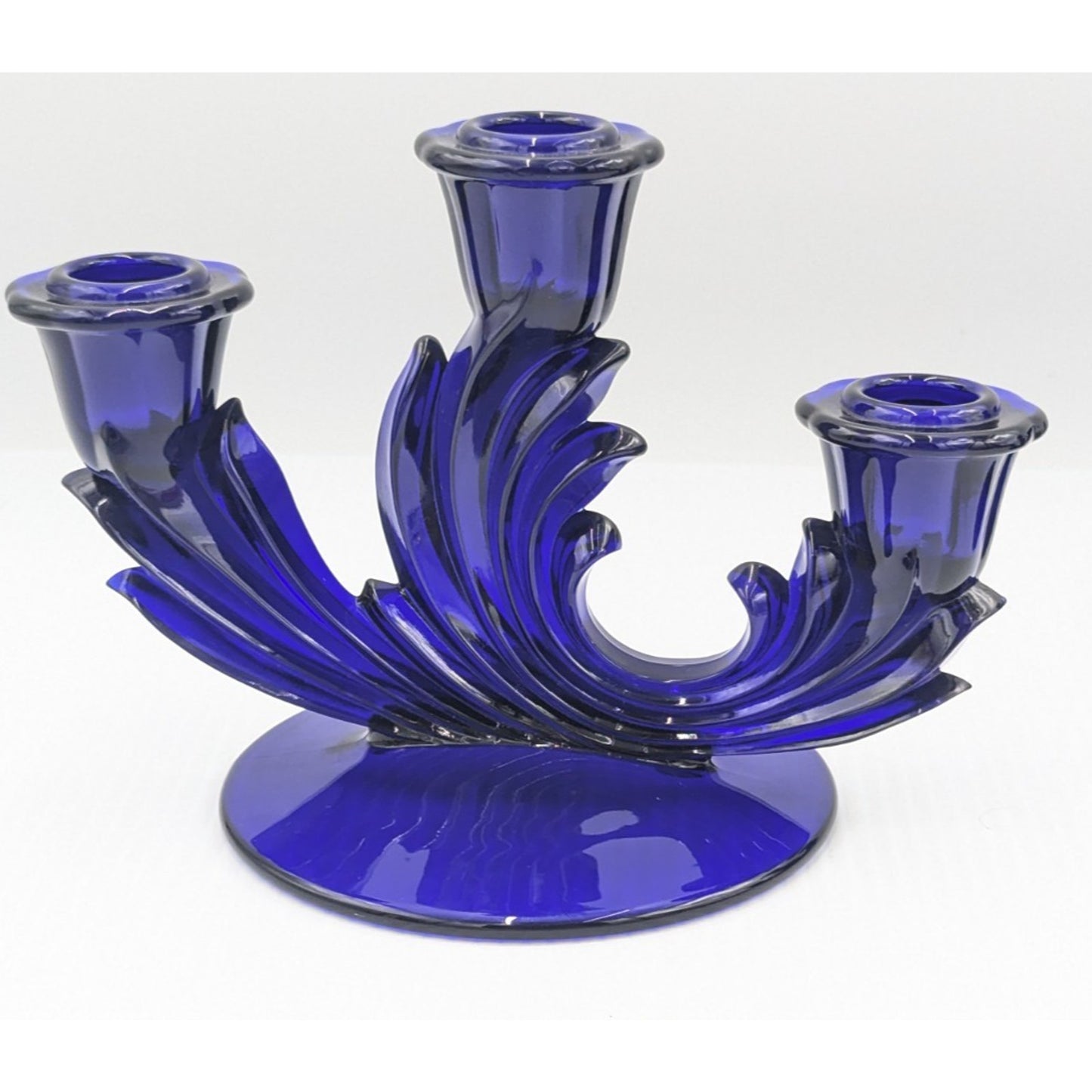 Fostoria Glass Baroque Regal Blue Cobalt 3 Light Candlestick Set of 2 Rare #2496