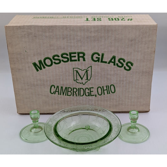 Vintage Mosser Green Glass Miniature Jennifer Set #6 - Bowl and Candlesticks