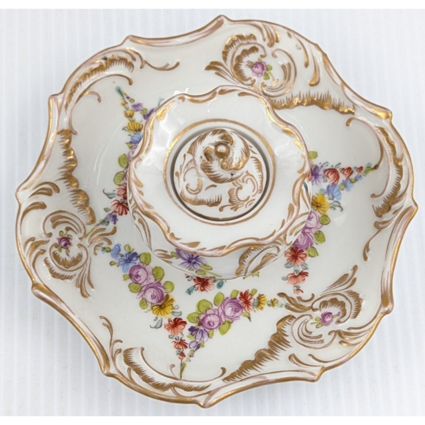 Hand Painted Porcelain Inkwell Floral Gilded With Lid Dresden (?)
