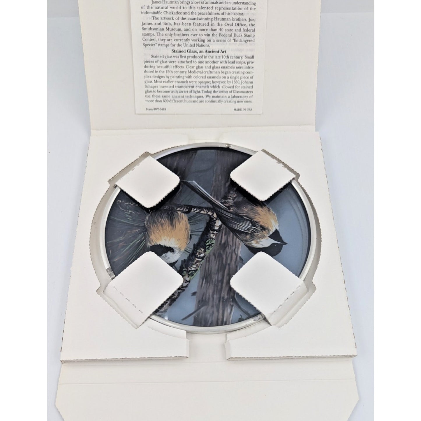 Glassmasters Stained Glass Art Sun Catcher Red Pine & Chickadees J. Hautman