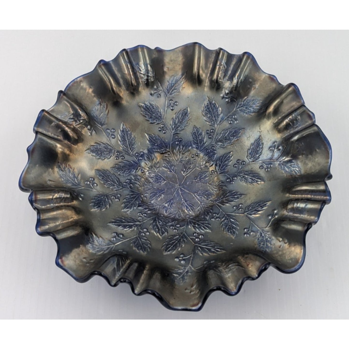 Fenton Carnival Glass Blue Holly Berries Bowl 9.5" Ruffled