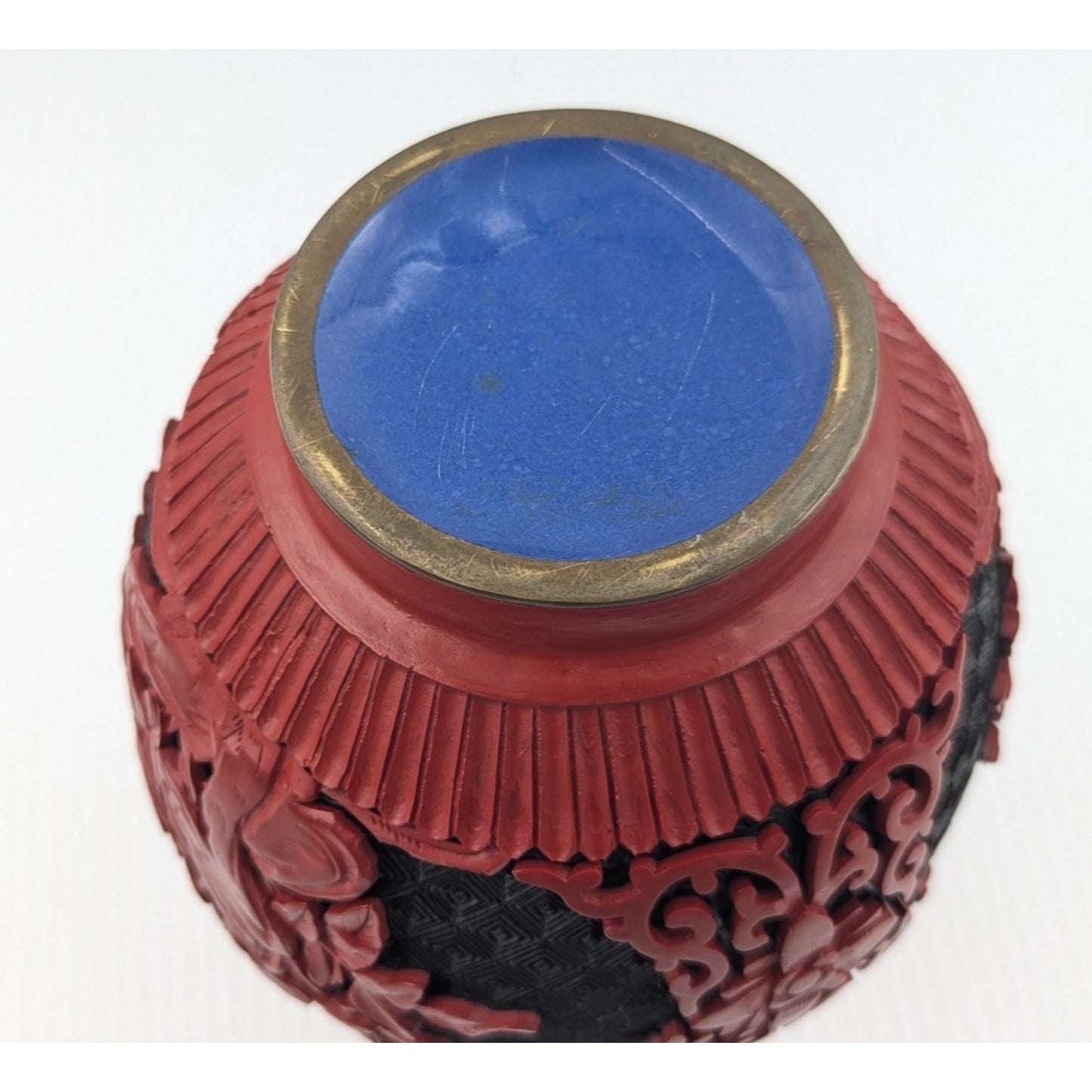 Vintage Chinese Cinnabar Lacquered Vase Red Black 8" Brass & Blue Enamel