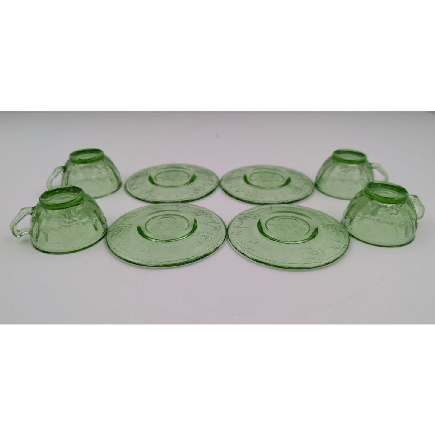 Vintage Mosser Green Glass Miniature Jennifer Set #2 - 4 Tea Cups & Saucers