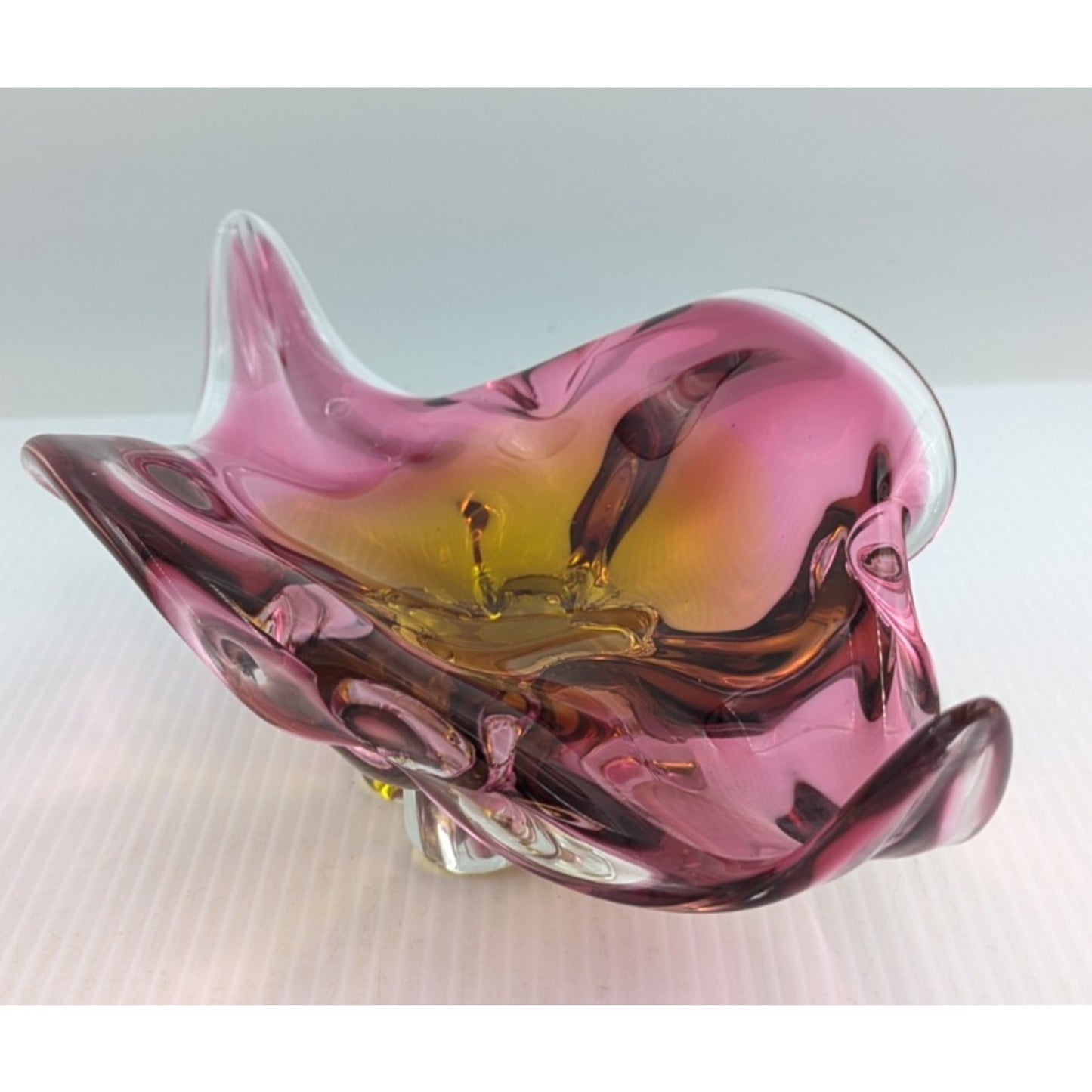 Bohemian Czech Chribska Glassworks Glass Bowl Pink Orange Incased in Clear 12"