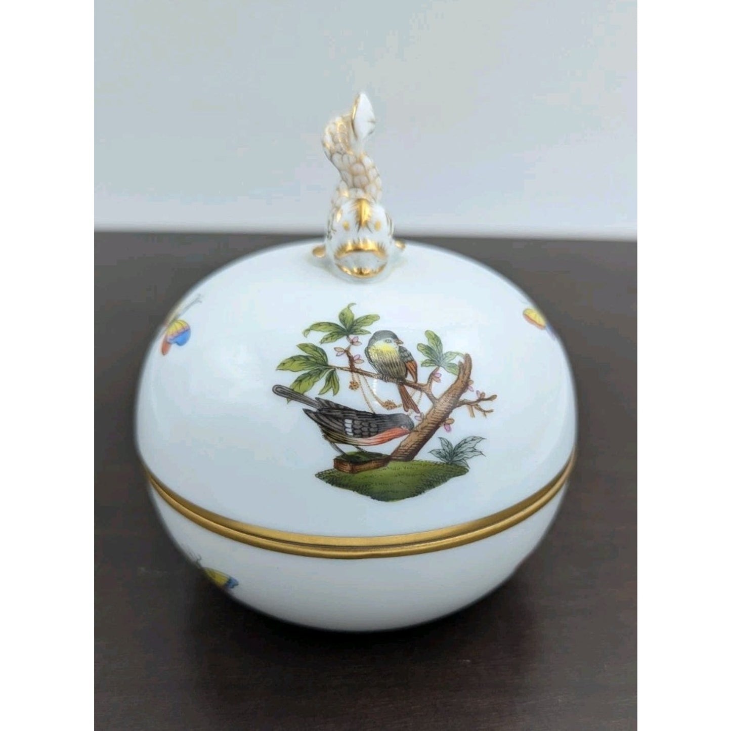 Herend Dolphin Finial Knob Bonbon Trinket Box Birds Butterflies Hungary