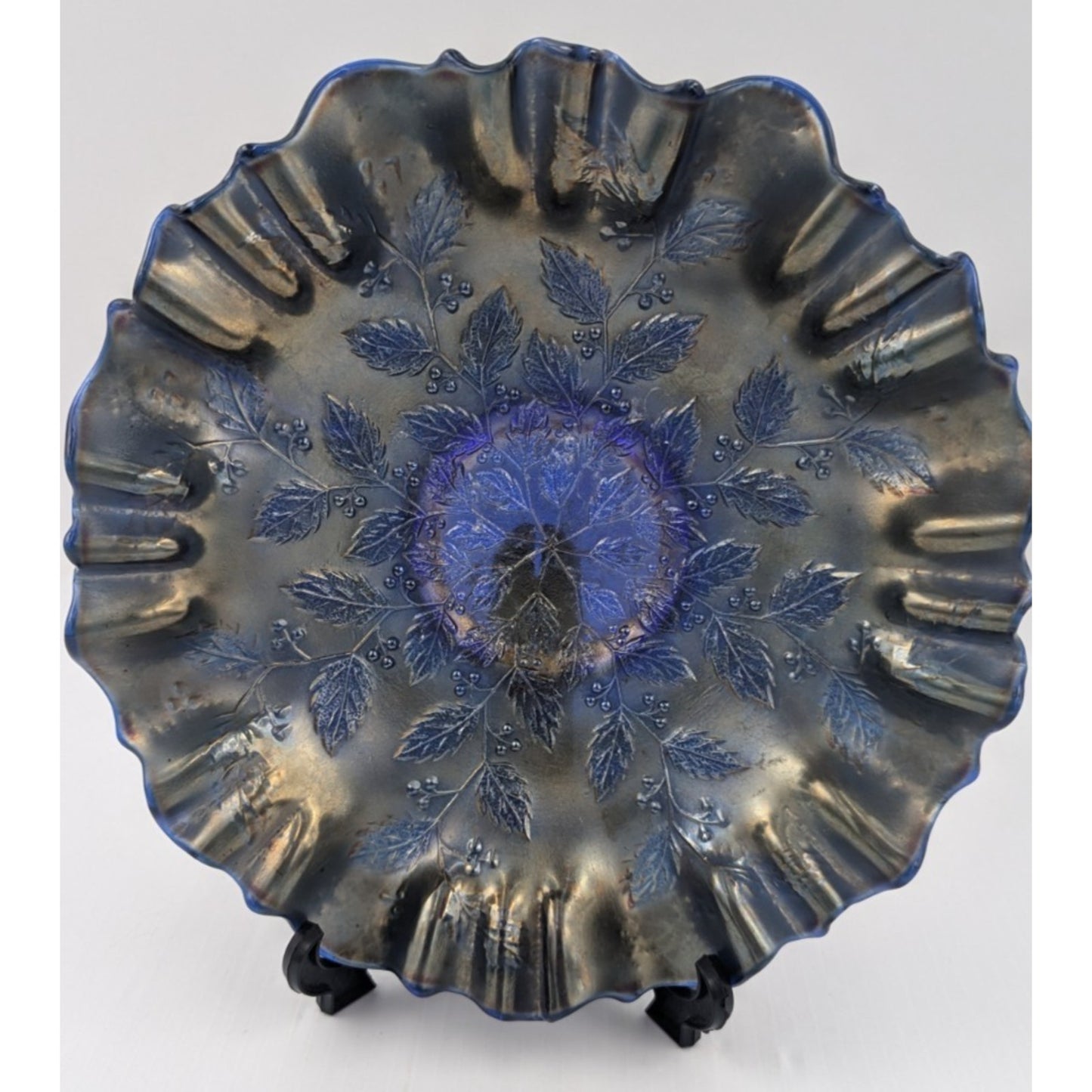 Fenton Carnival Glass Blue Holly Berries Bowl 9.5" Ruffled