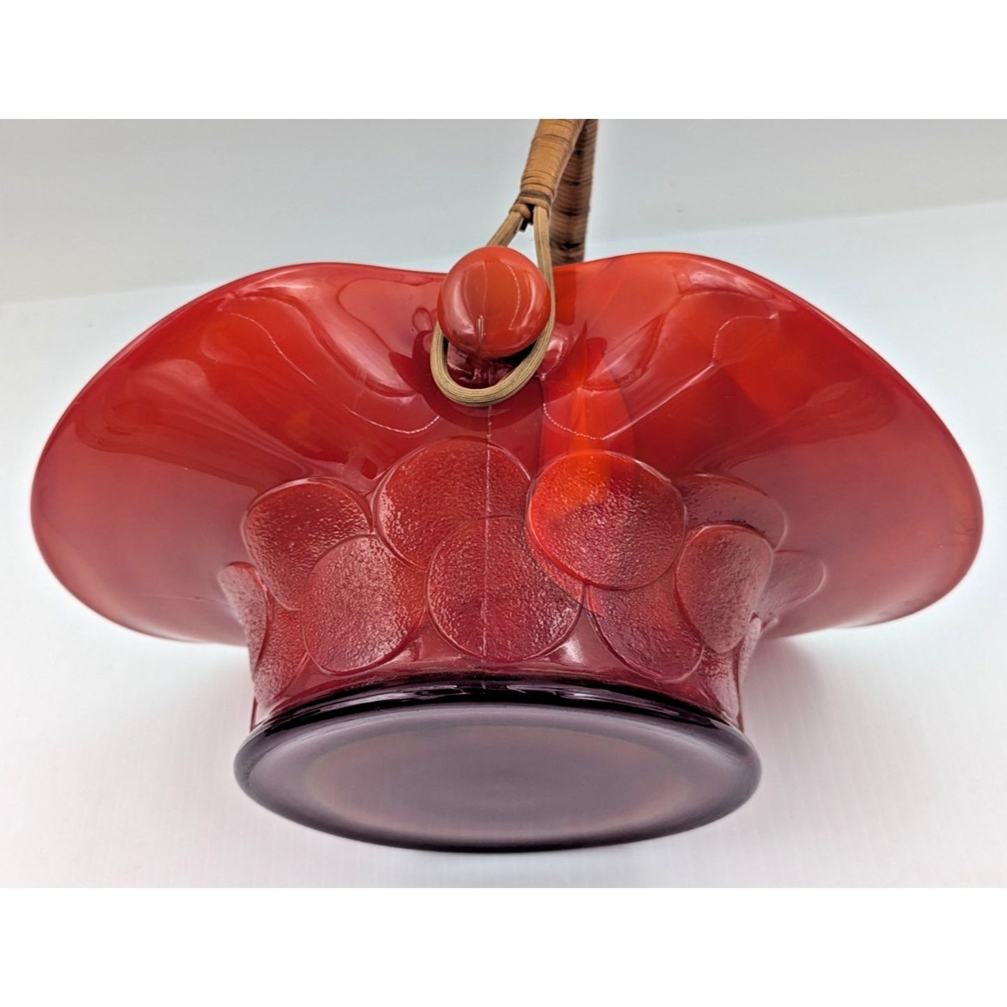 Fenton Big Cookies Basket Mandarin Red Orange Slag Glass w/ Weaved Handle 1930's