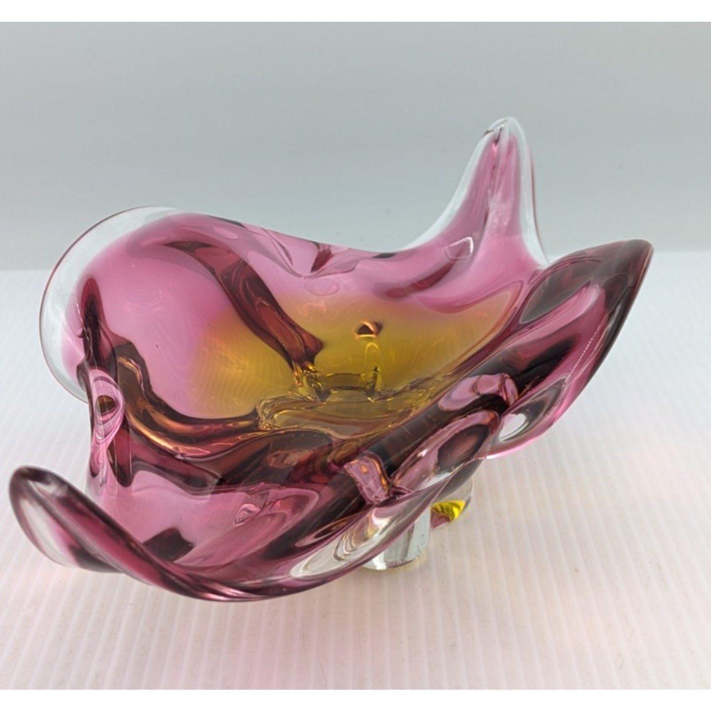 Bohemian Czech Chribska Glassworks Glass Bowl Pink Orange Incased in Clear 12"