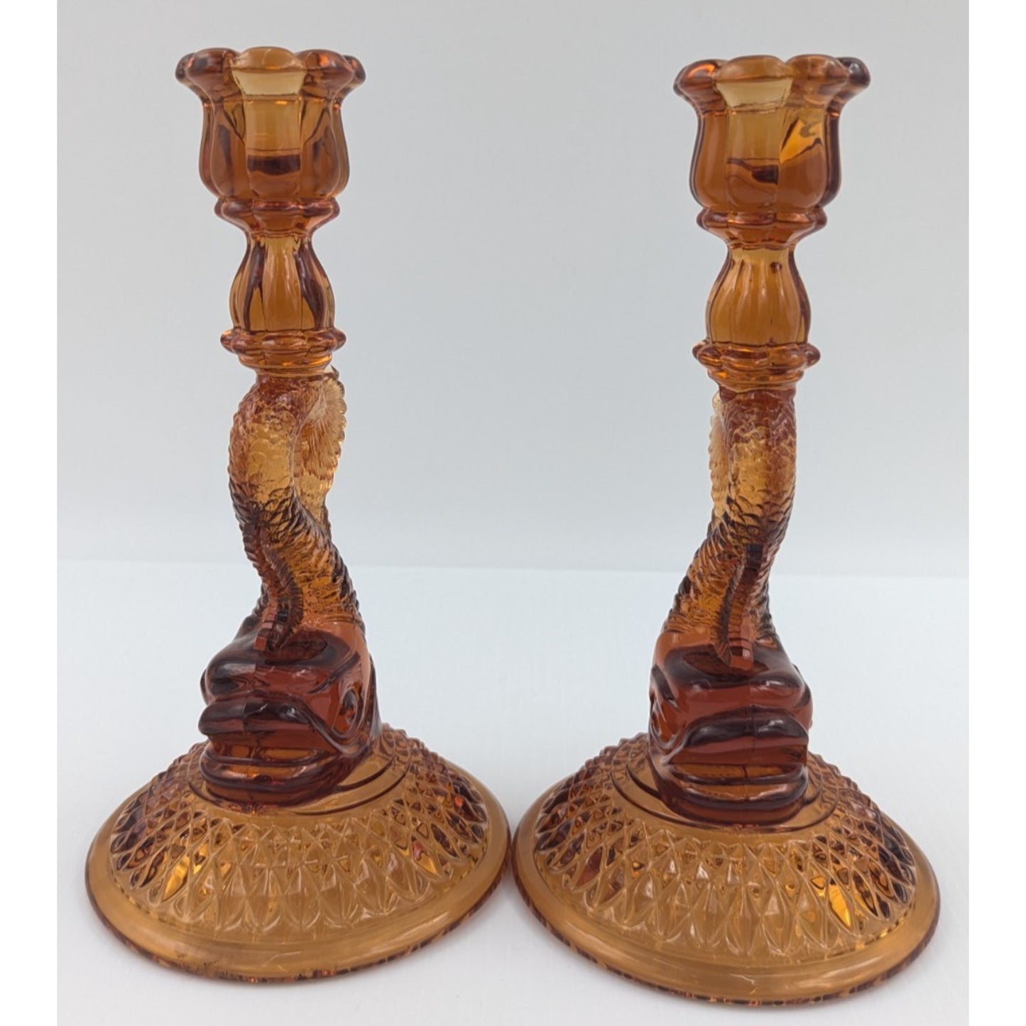 Pair Cambridge Glass Dolphin Candlesticks 9.5” Amber Glass #109 Vintage