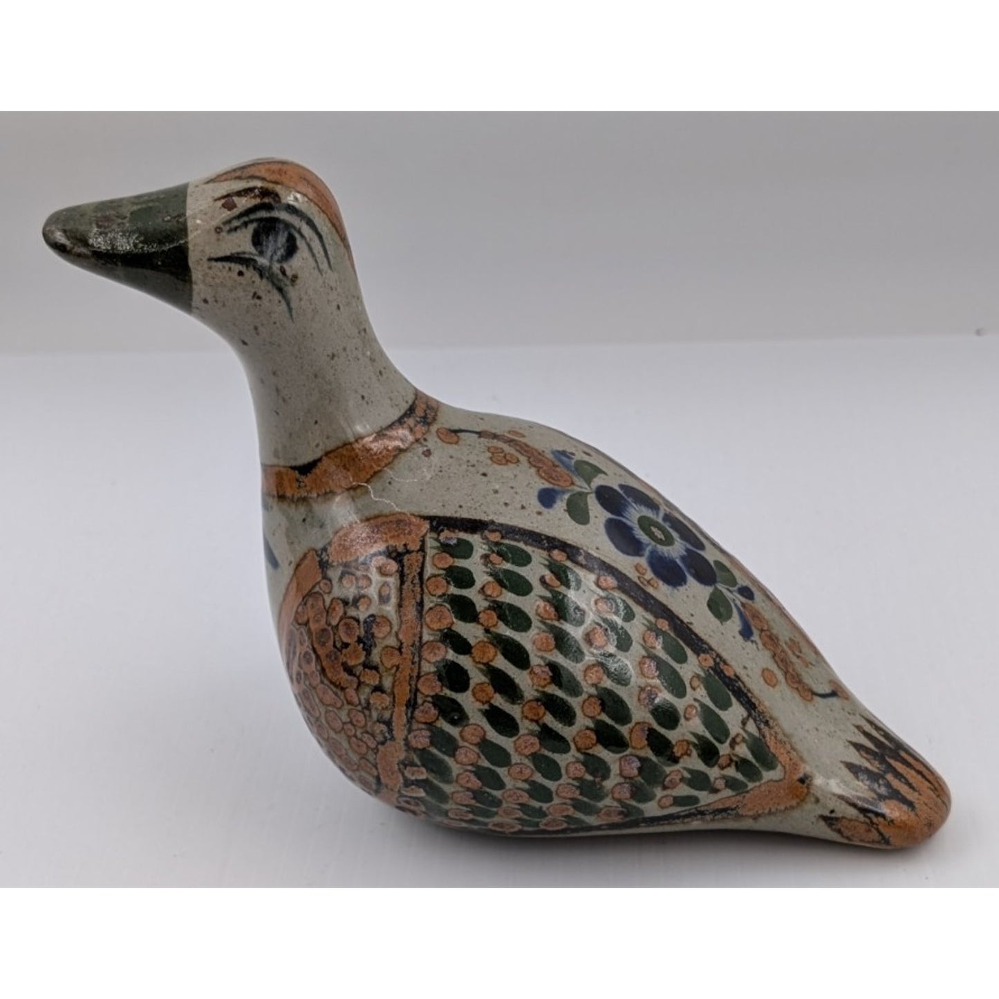 Vintage Tonala Mexico Pottery Bird Figurine Hand Painted Folk Art Signed 5-3/4"