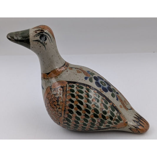 Vintage Tonala Mexico Pottery Bird Figurine Hand Painted Folk Art Signed 5-3/4"