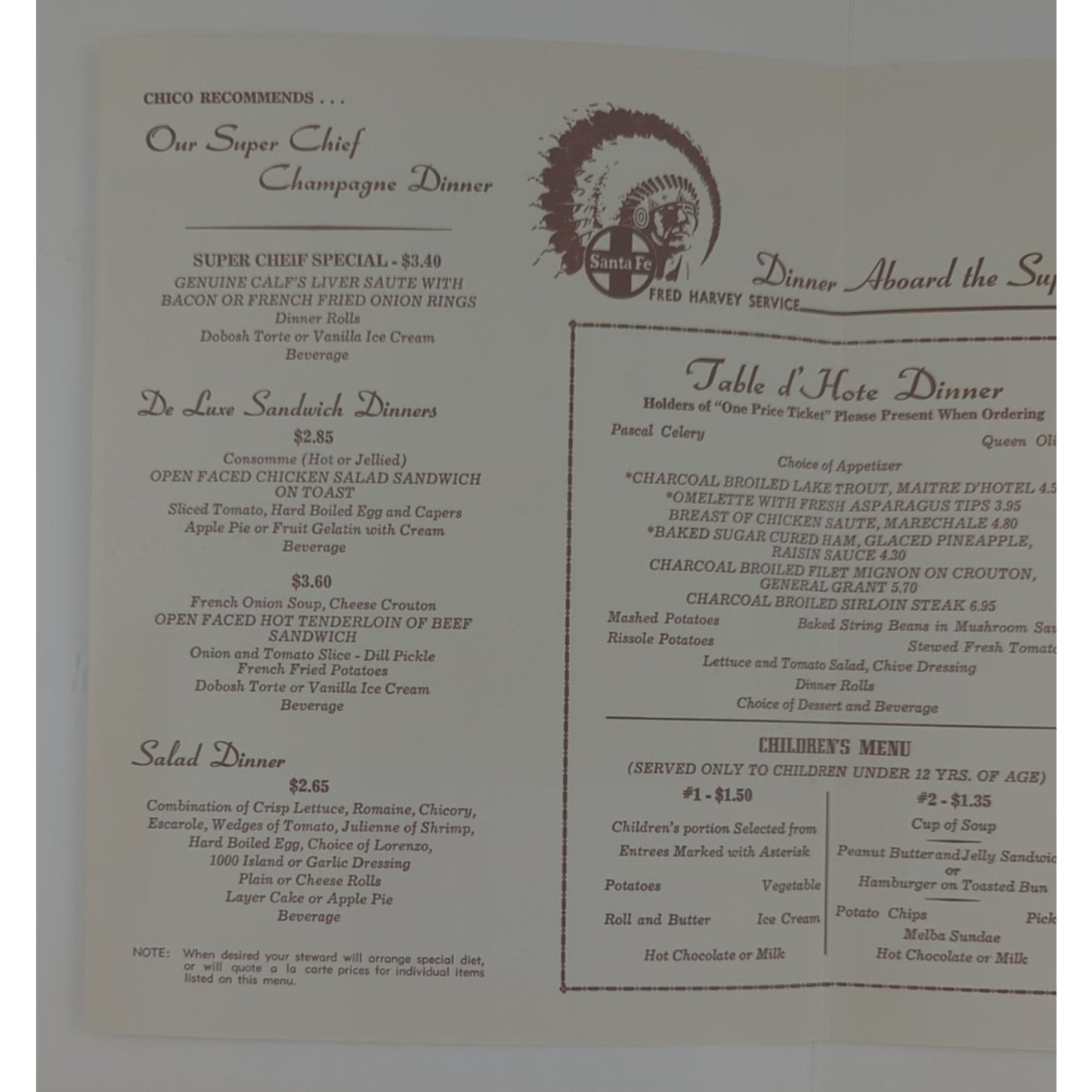 Santa Fe Railroad Super Chief Turquoise Room Menu Large 14" x 11"