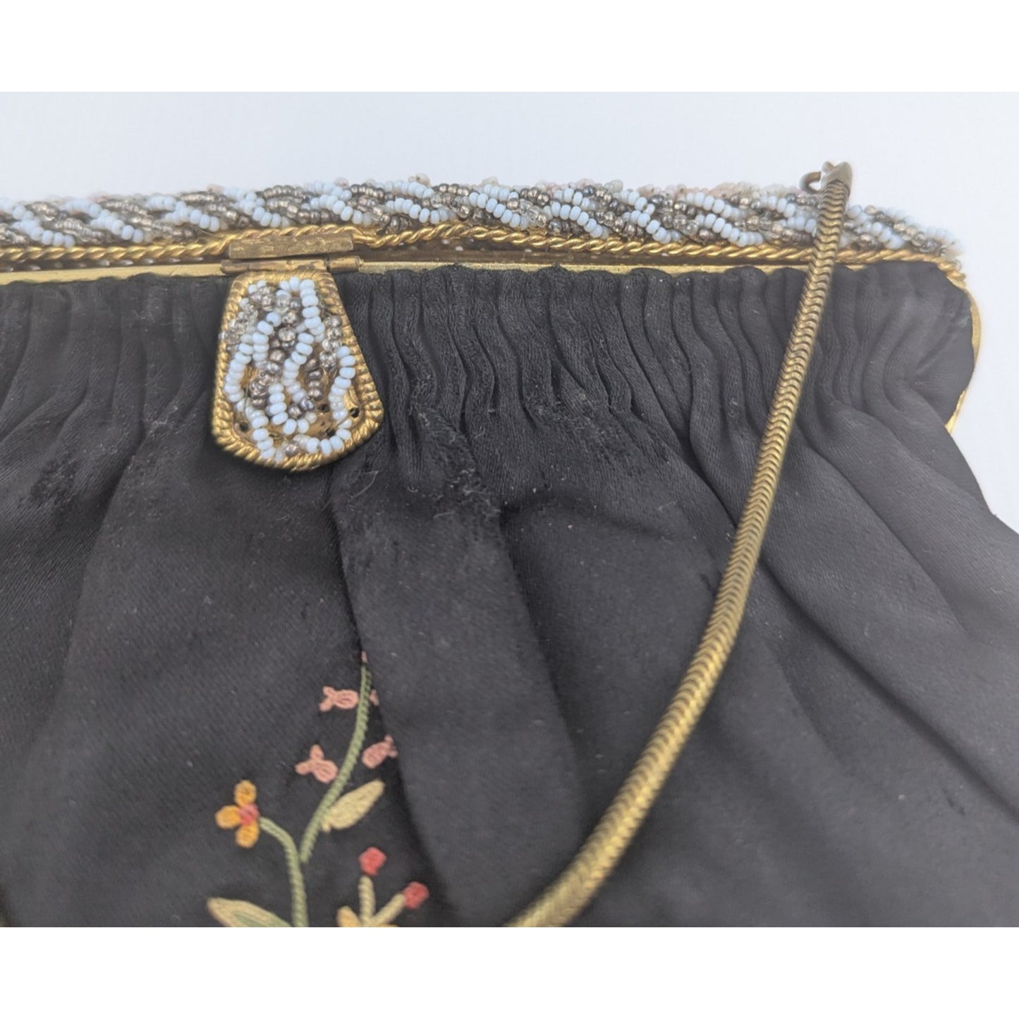French Chunn Embroidered Evening Purse Handmade With Powder Compact As Is