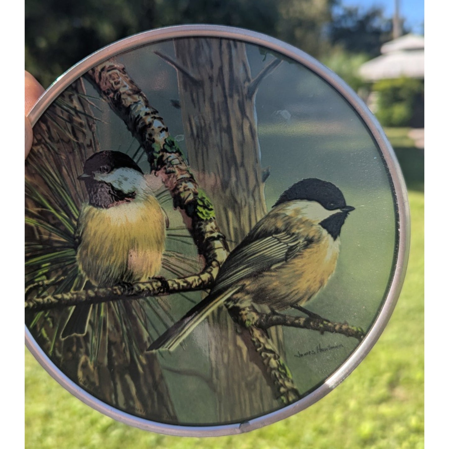 Glassmasters Stained Glass Art Sun Catcher Red Pine & Chickadees J. Hautman