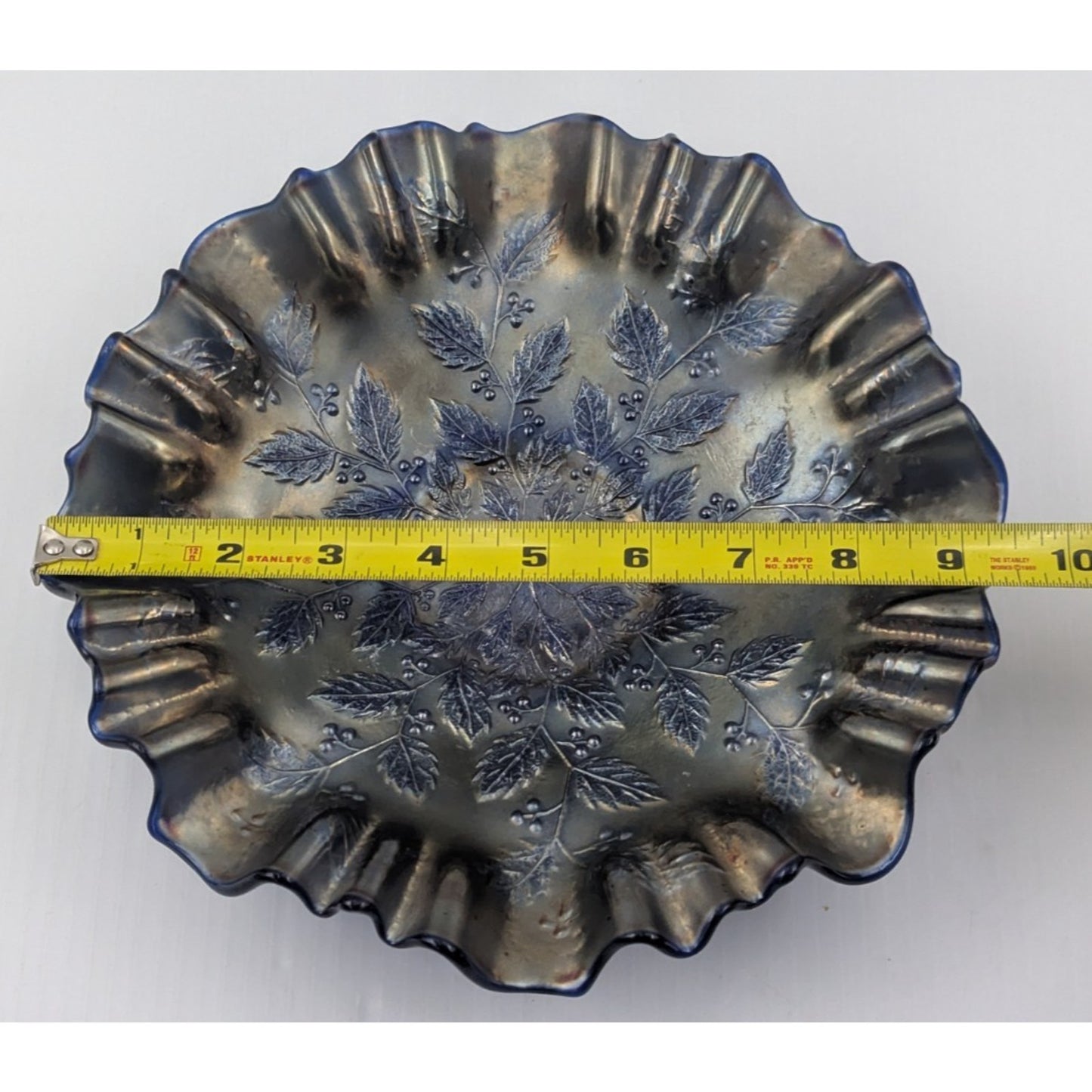Fenton Carnival Glass Blue Holly Berries Bowl 9.5" Ruffled