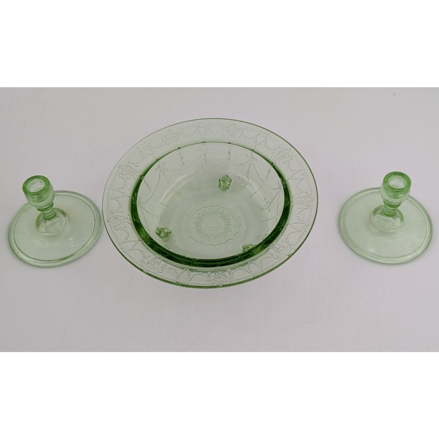 Vintage Mosser Green Glass Miniature Jennifer Set #6 - Bowl and Candlesticks