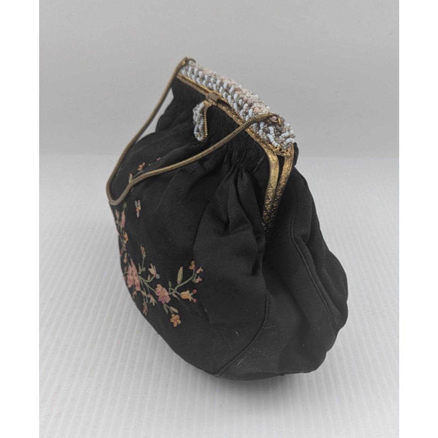 French Chunn Embroidered Evening Purse Handmade With Powder Compact As Is