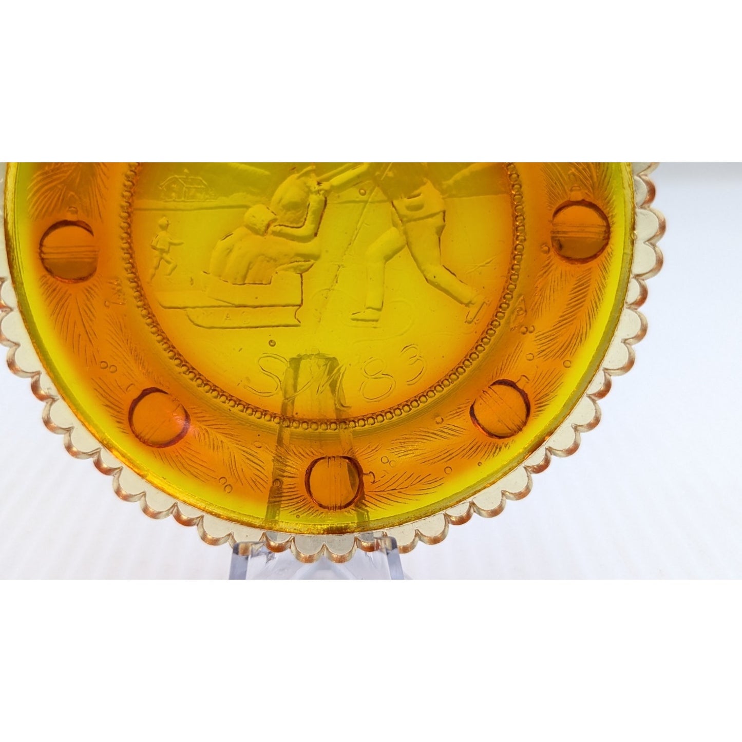 The Sandwich Skaters Glass Window Decor Pairpoint Cup Plate Marigold Amber VTG