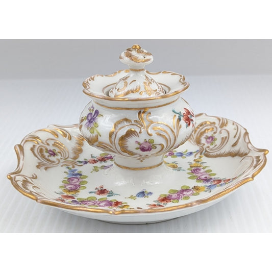 Hand Painted Porcelain Inkwell Floral Gilded With Lid Dresden (?)