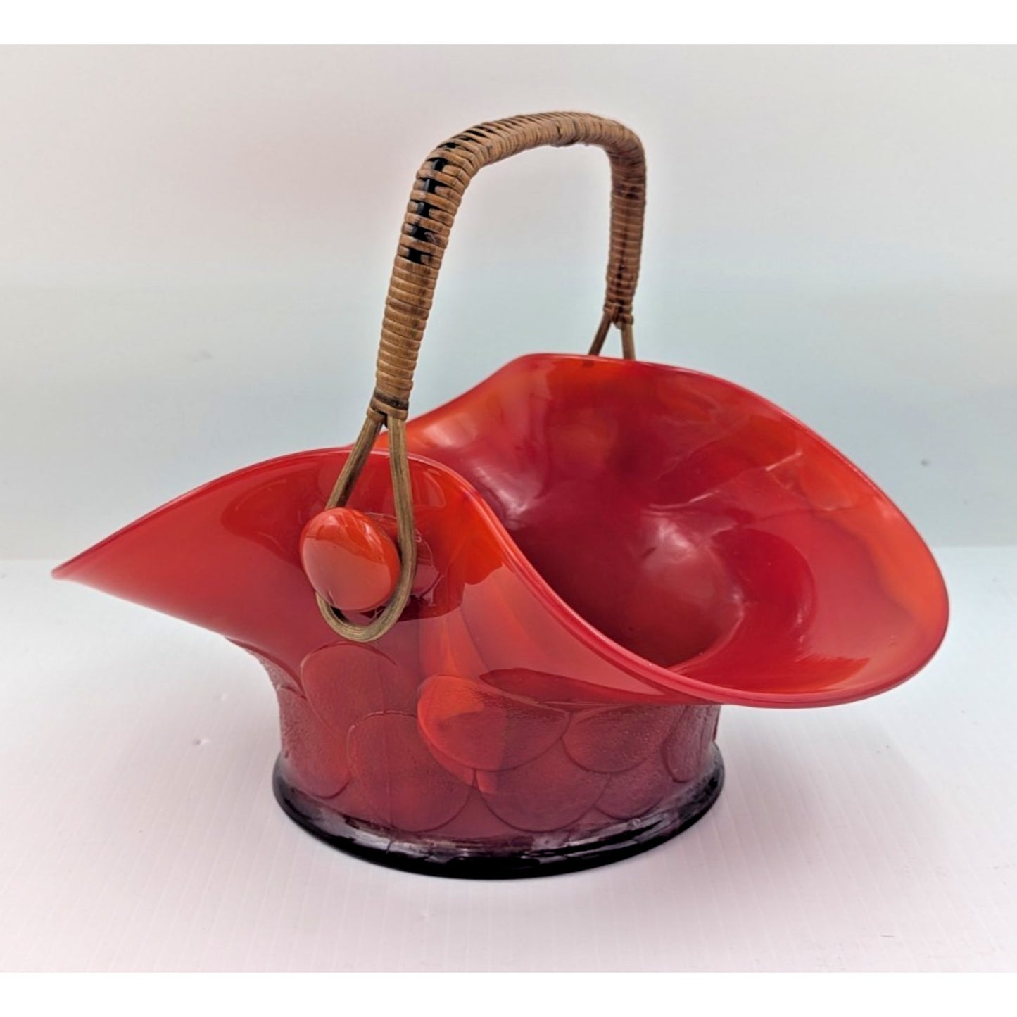 Fenton Big Cookies Basket Mandarin Red Orange Slag Glass w/ Weaved Handle 1930's