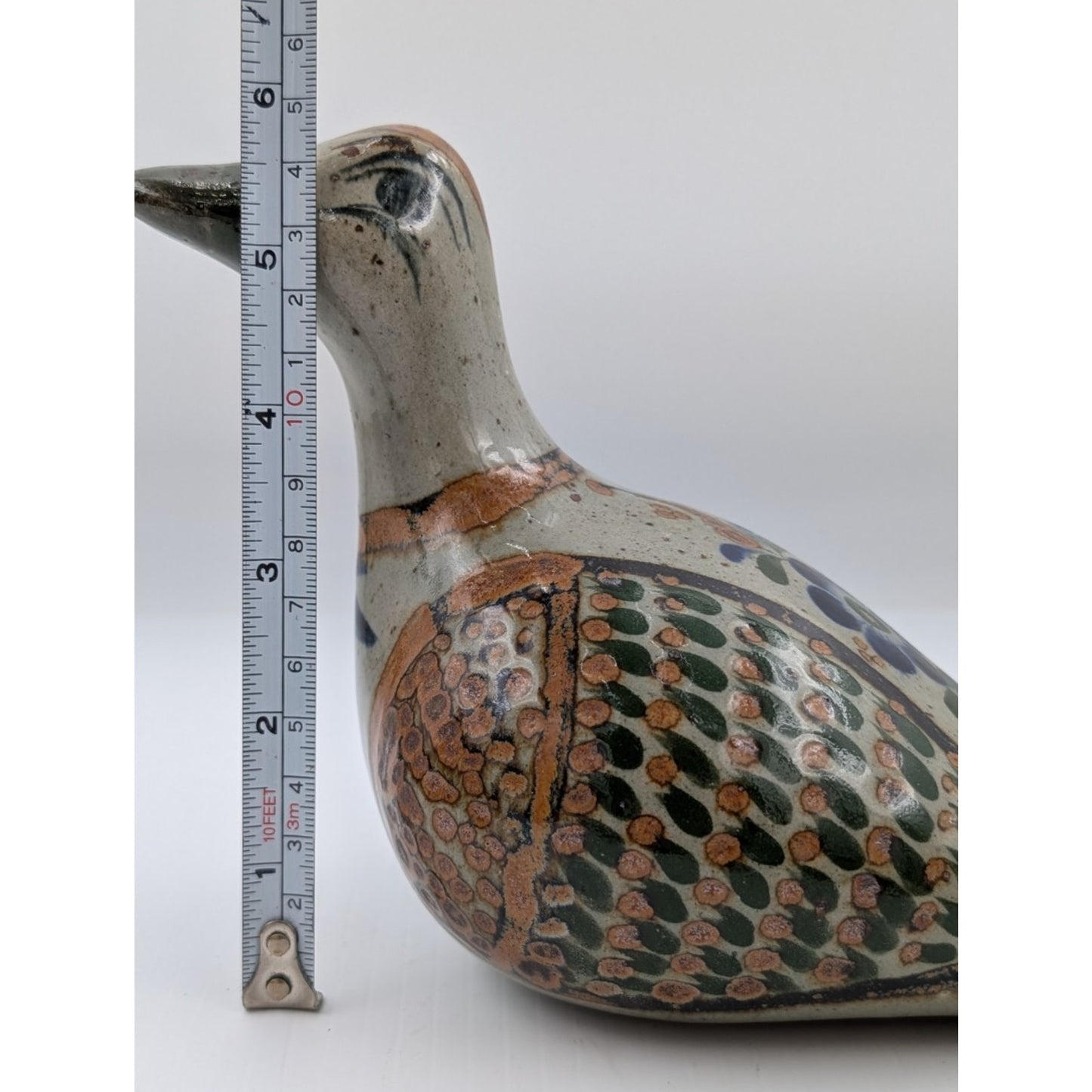 Vintage Tonala Mexico Pottery Bird Figurine Hand Painted Folk Art Signed 5-3/4"