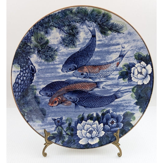 Japanese Blue White Koi Fish Lotus Plate Andrea By Sadek Sun Ceramics 12" Japan