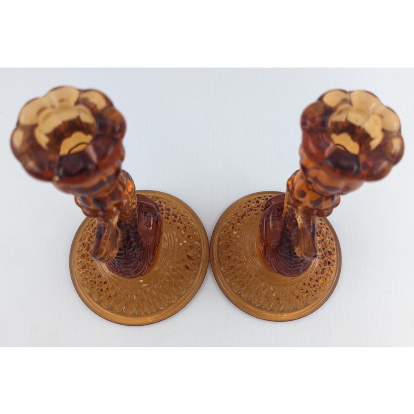 Pair Cambridge Glass Dolphin Candlesticks 9.5” Amber Glass #109 Vintage