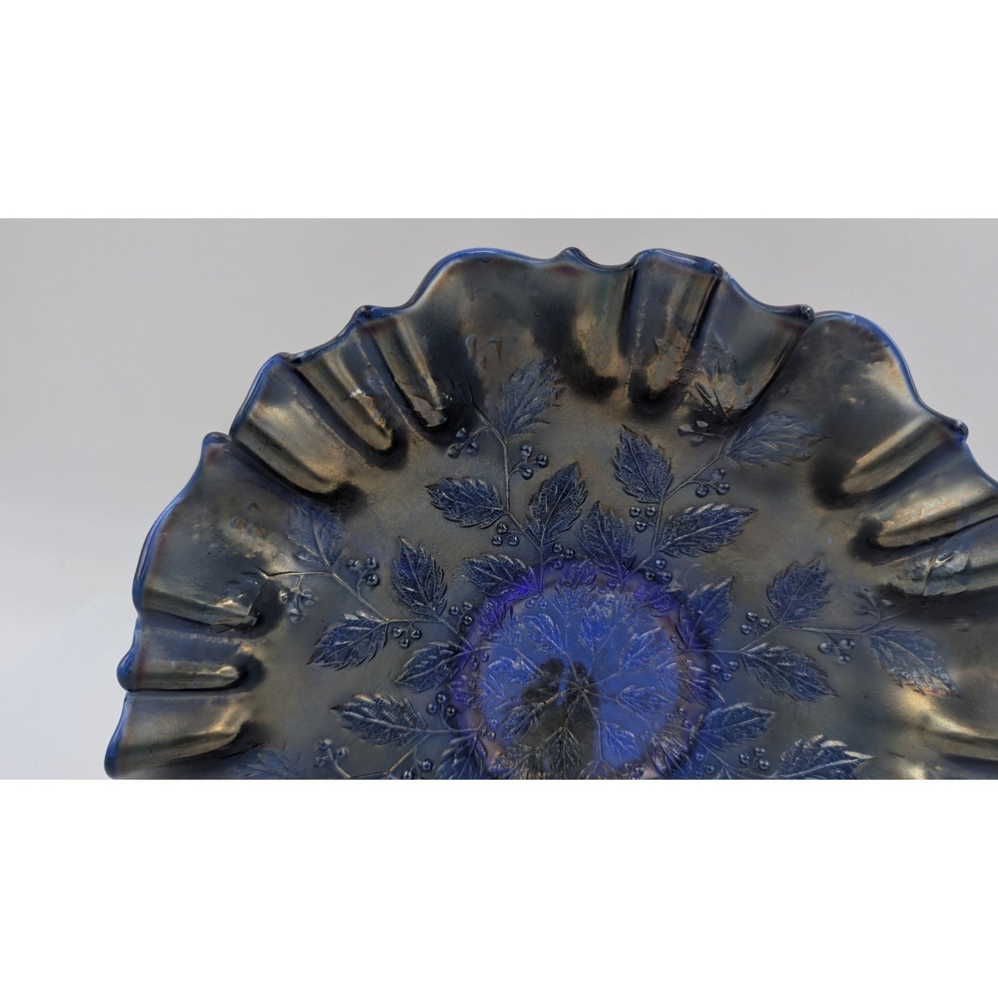Fenton Carnival Glass Blue Holly Berries Bowl 9.5" Ruffled