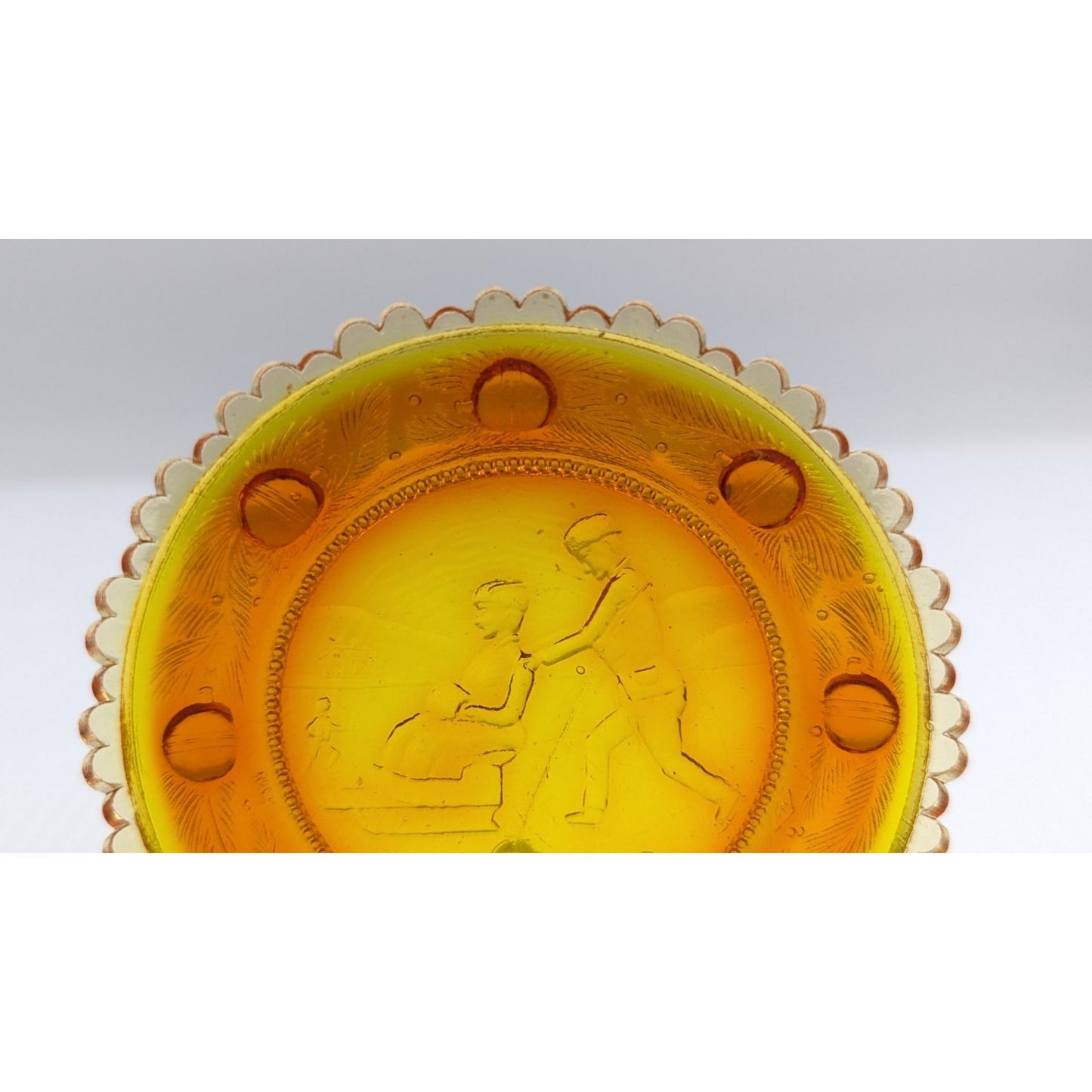 The Sandwich Skaters Glass Window Decor Pairpoint Cup Plate Marigold Amber VTG
