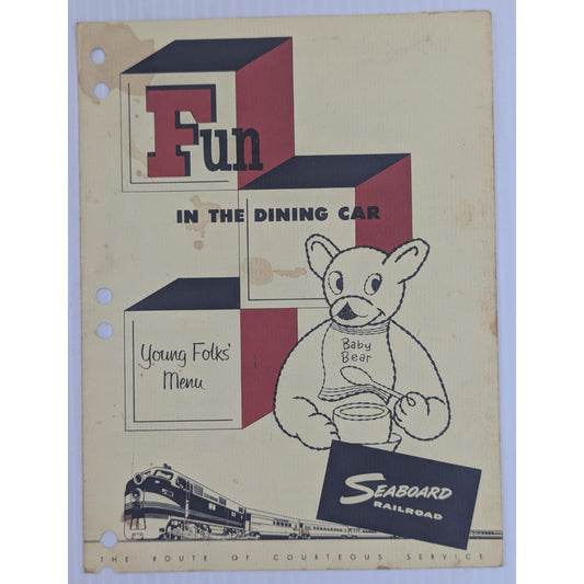 Seaboard Railroad Young Folks' Menu Kids Menu