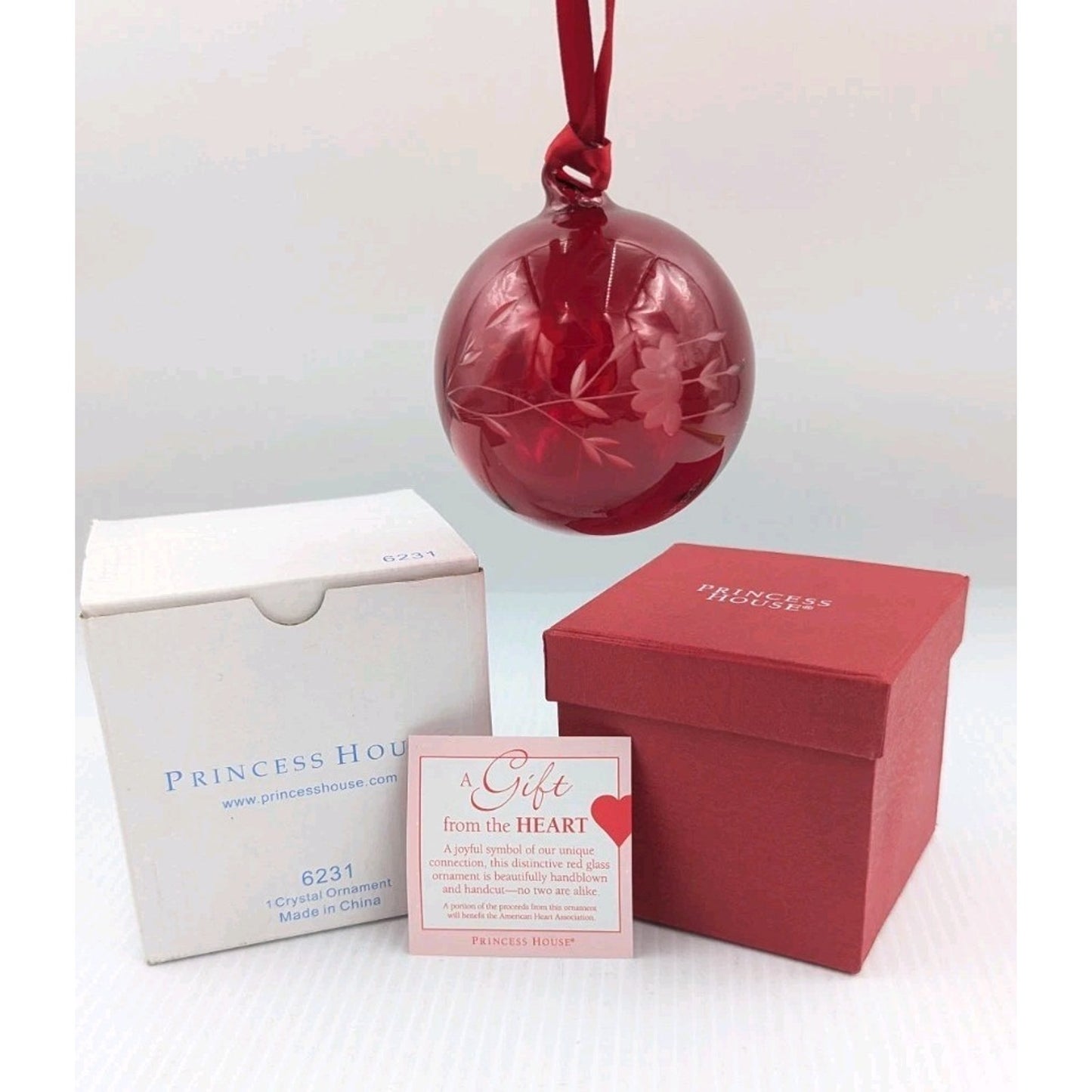 Princess House Heritage Red Hand Blown Etched Floral Crystal Glass Ornament