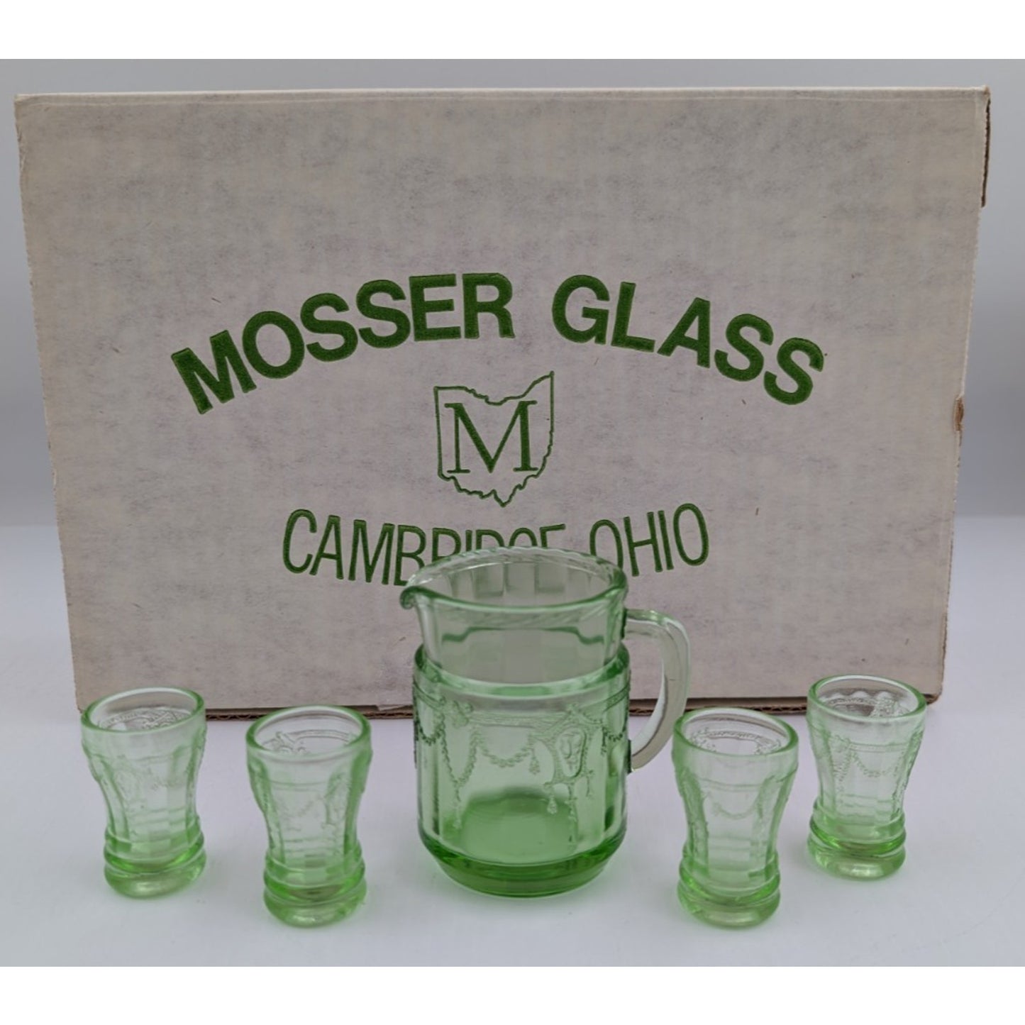 Vintage Mosser Green Glass Miniature Jennifer Set #11 - Pitcher and 4 Glasses