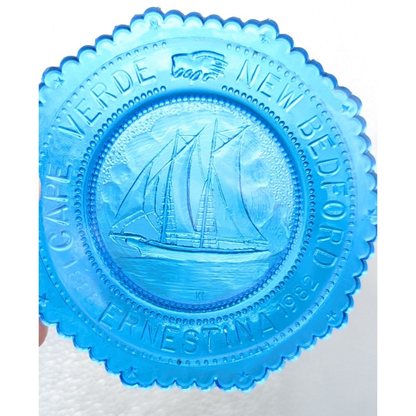 Schooner Ernestina Cape Verde New Bedford Glass Pairpoint Cup Plate Blue Ship