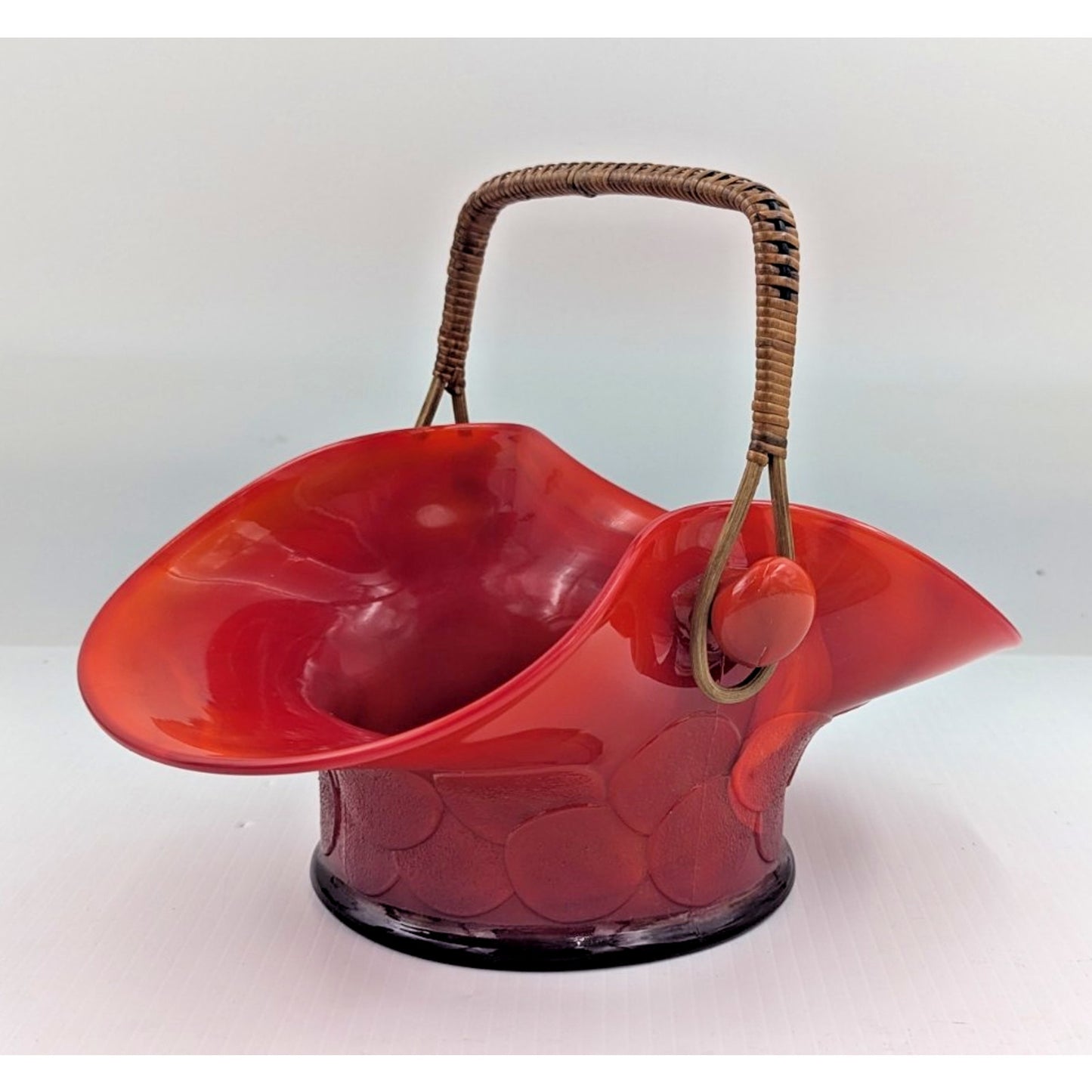 Fenton Big Cookies Basket Mandarin Red Orange Slag Glass w/ Weaved Handle 1930's