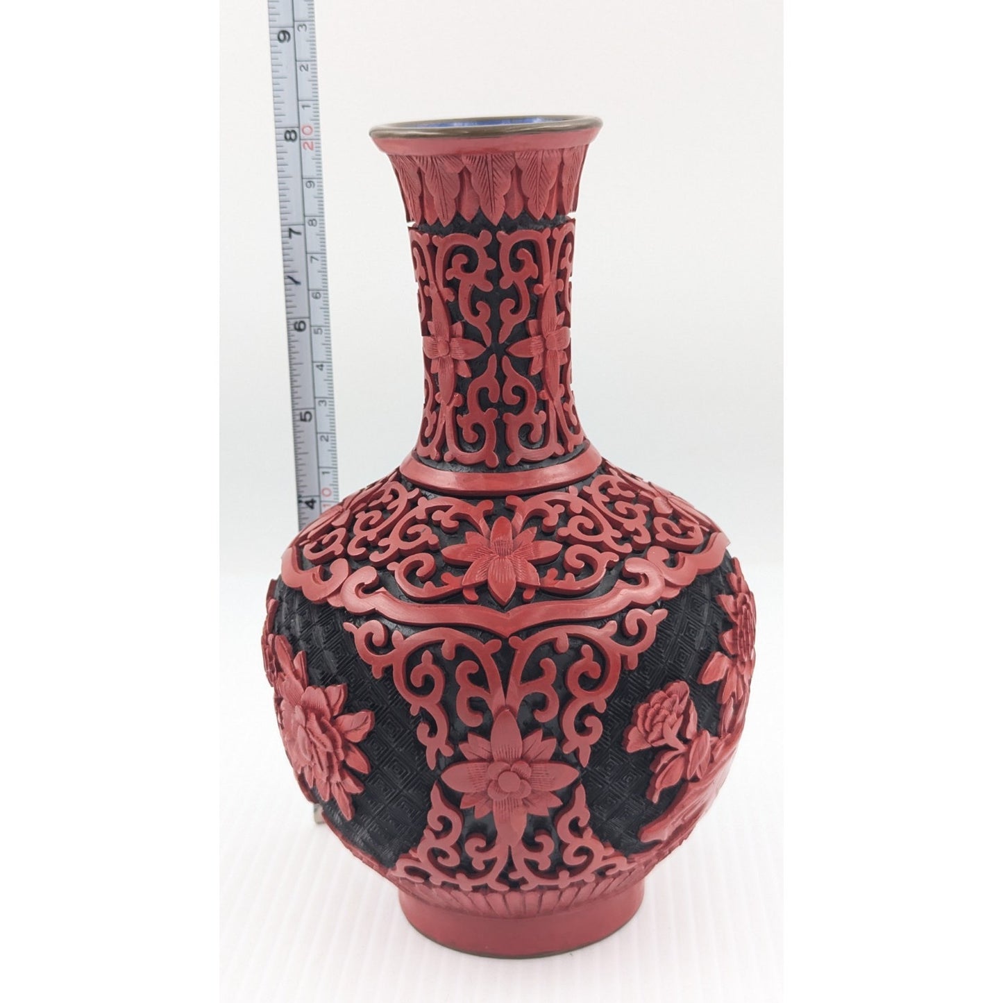 Vintage Chinese Cinnabar Lacquered Vase Red Black 8" Brass & Blue Enamel