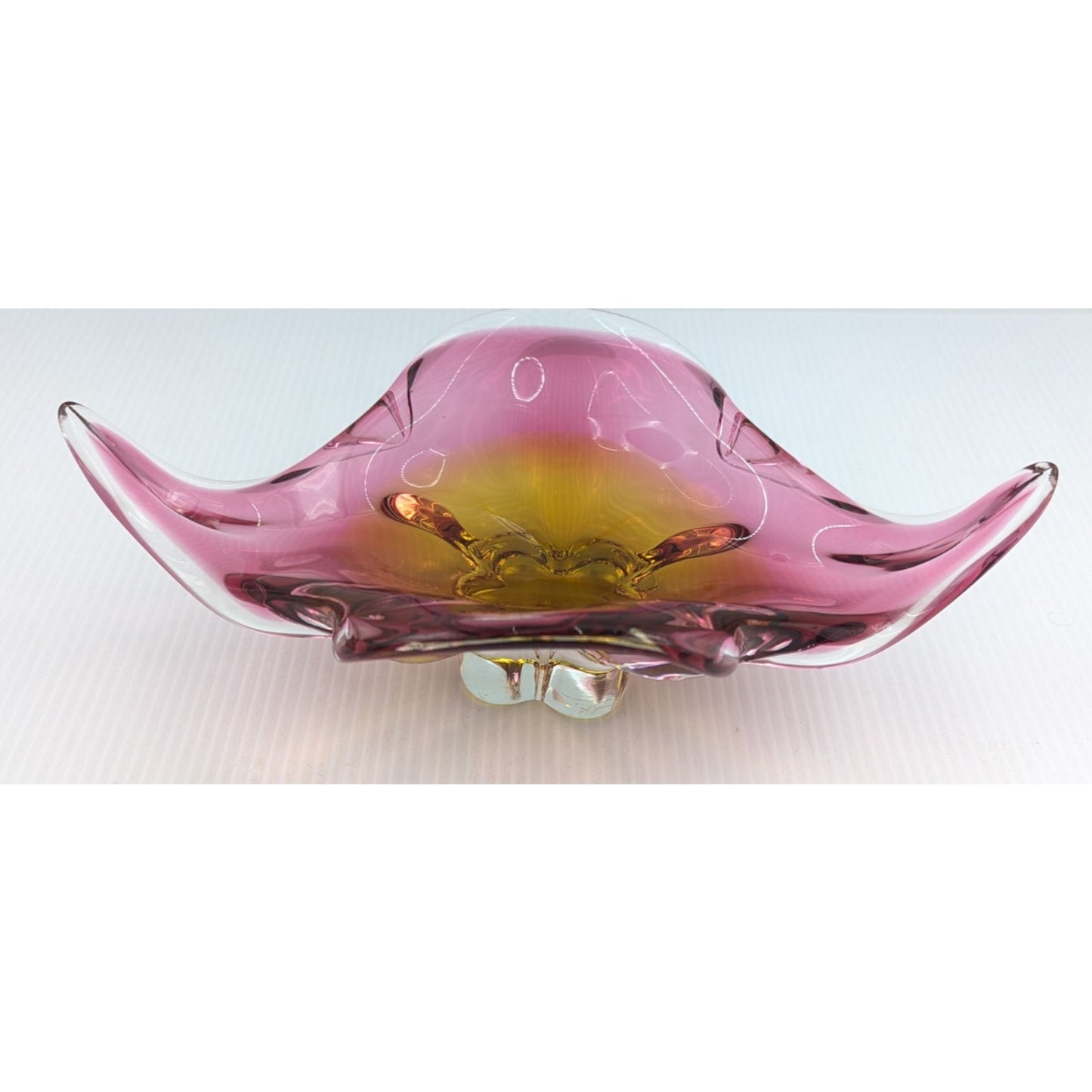 Bohemian Czech Chribska Glassworks Glass Bowl Pink Orange Incased in Clear 12"