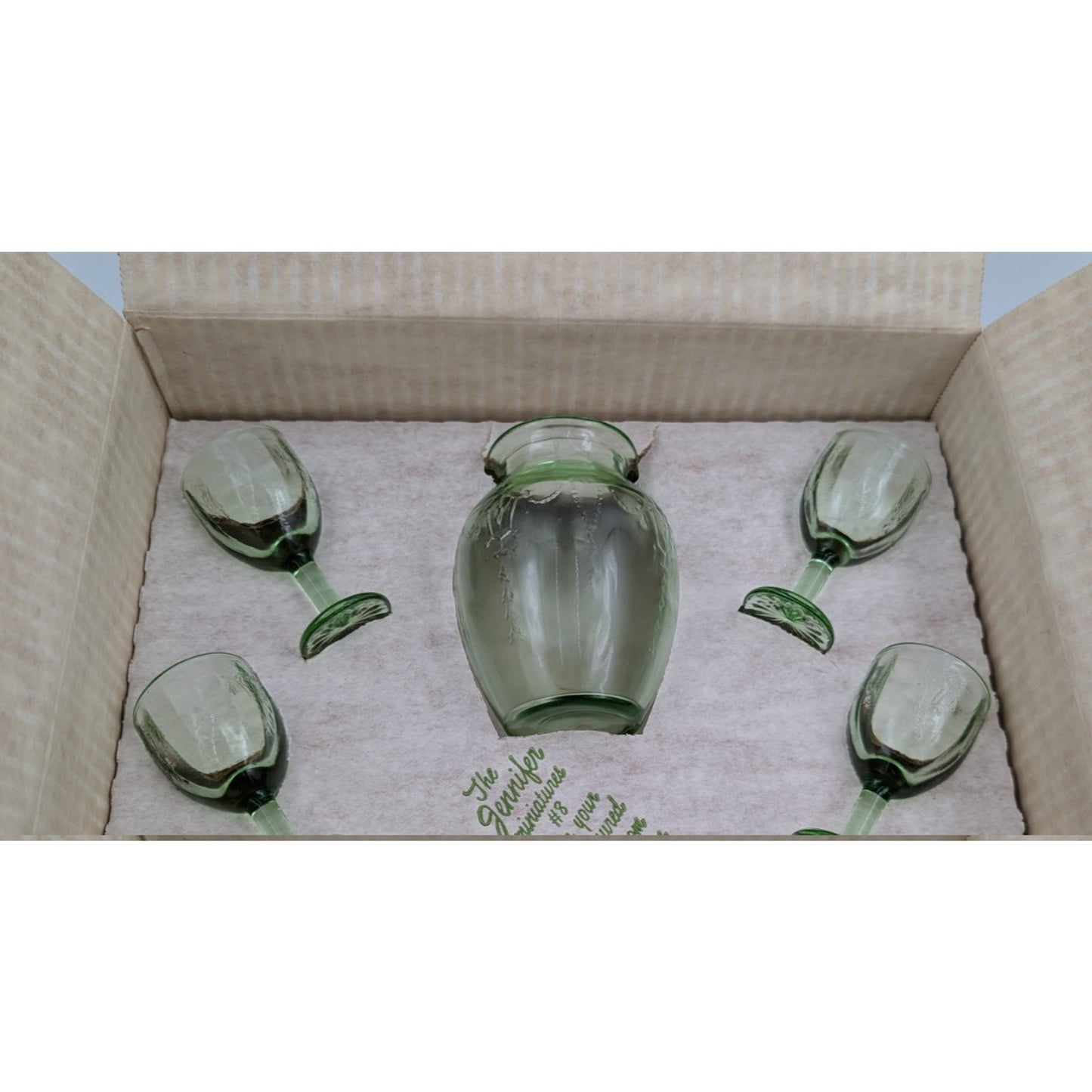 Vintage Mosser Green Glass Miniature Jennifer Set #8 - Vase and Stem Glasses