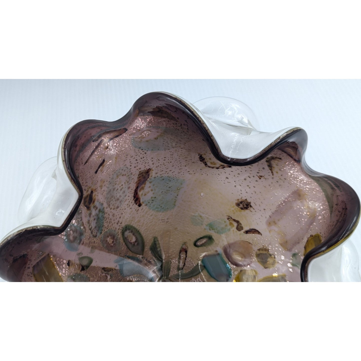 Vintage Hand Blown Murano Tutti Frutti Cased Glass Bowl Ruffled 9"