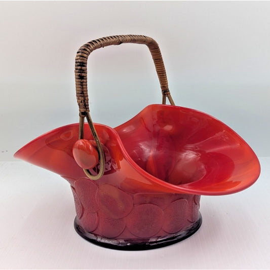 Fenton Big Cookies Basket Mandarin Red Orange Slag Glass w/ Weaved Handle 1930's