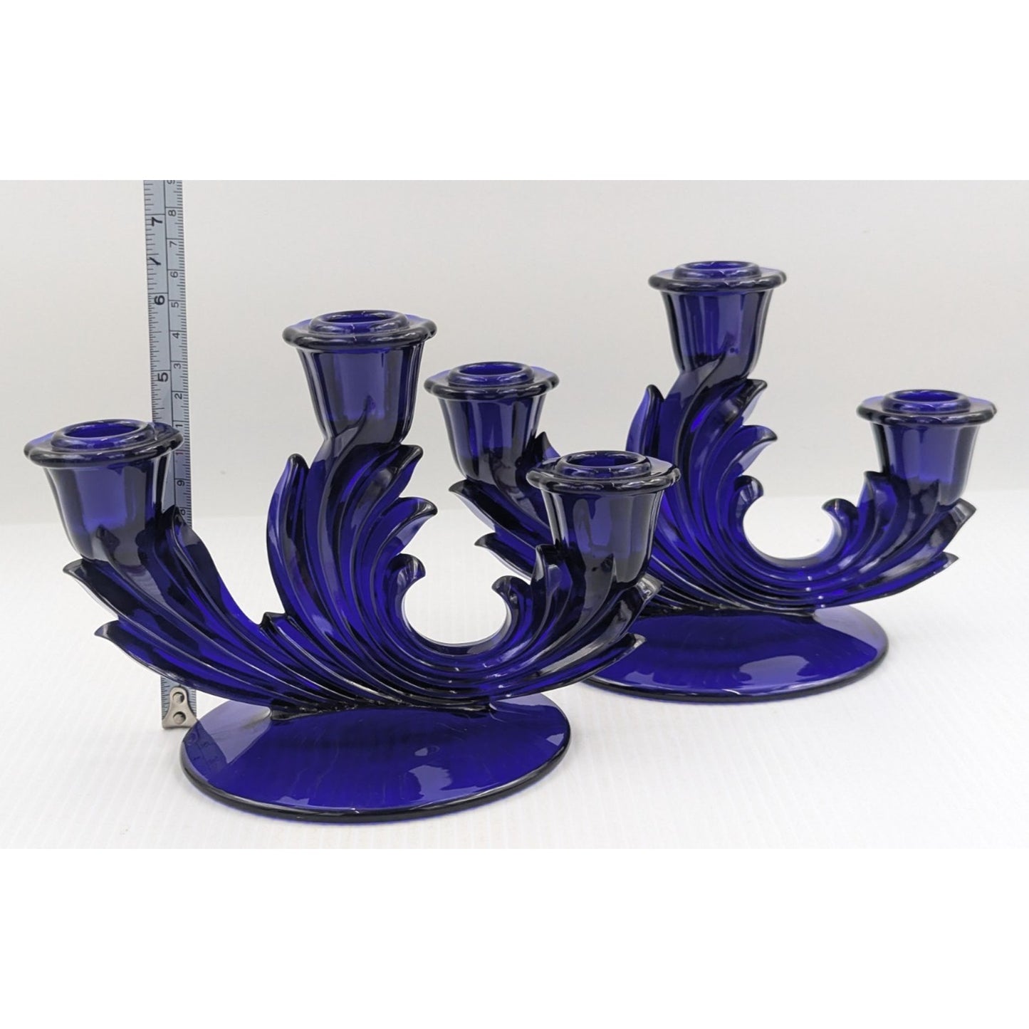 Fostoria Glass Baroque Regal Blue Cobalt 3 Light Candlestick Set of 2 Rare #2496
