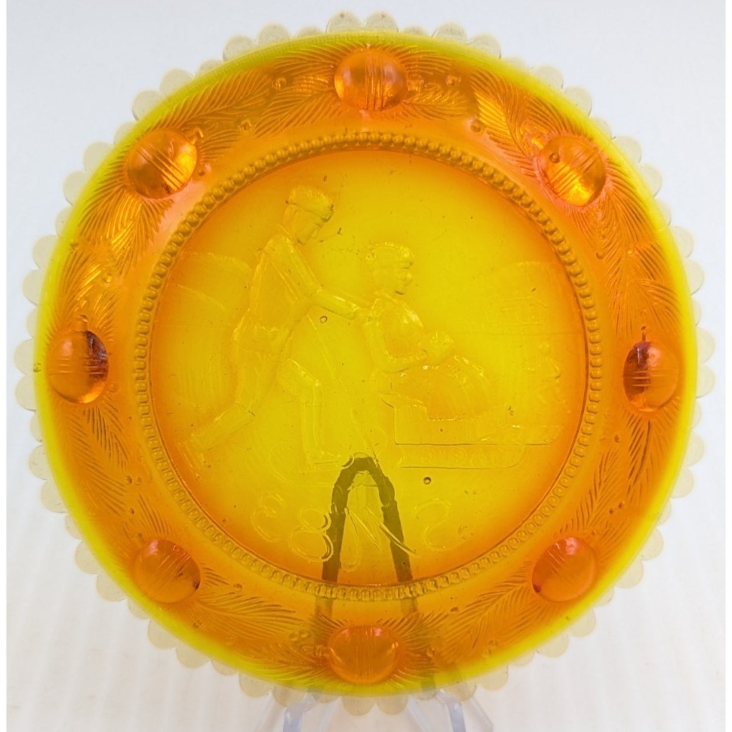 The Sandwich Skaters Glass Window Decor Pairpoint Cup Plate Marigold Amber VTG