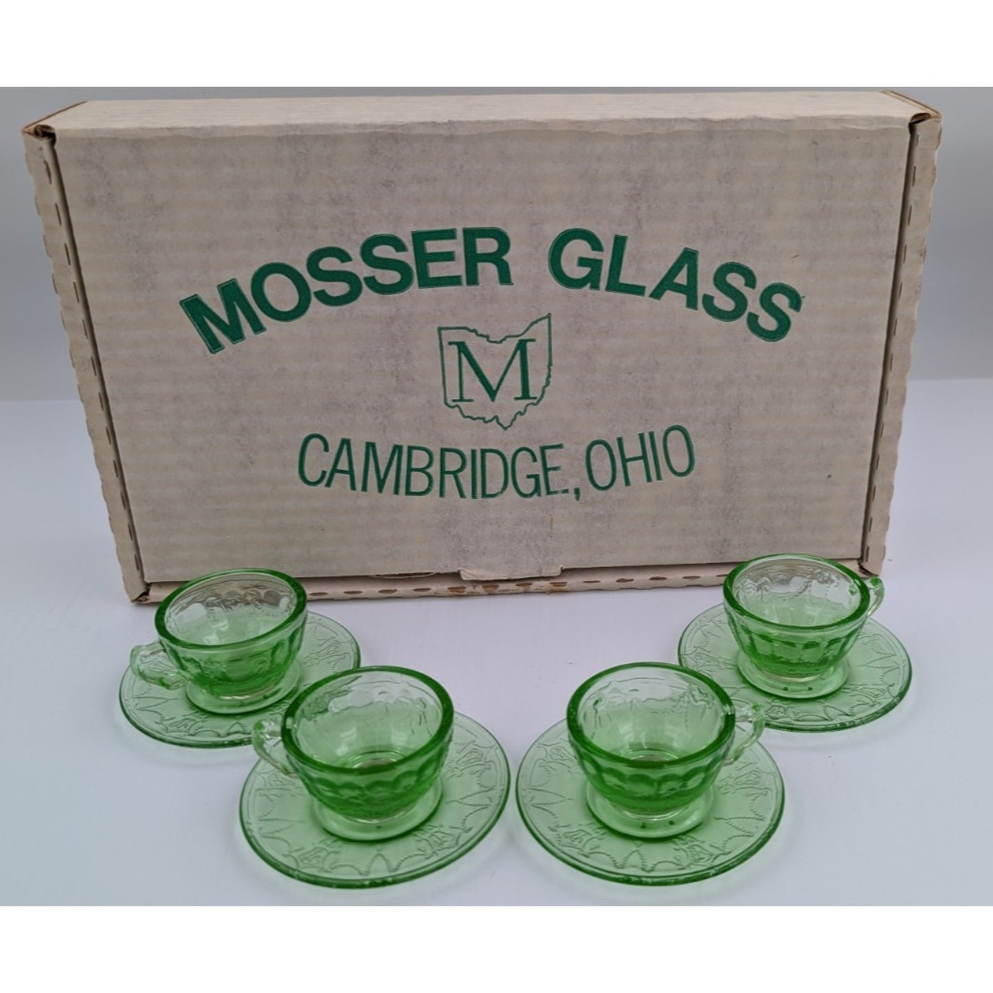 Vintage Mosser Green Glass Miniature Jennifer Set #2 - 4 Tea Cups & Saucers