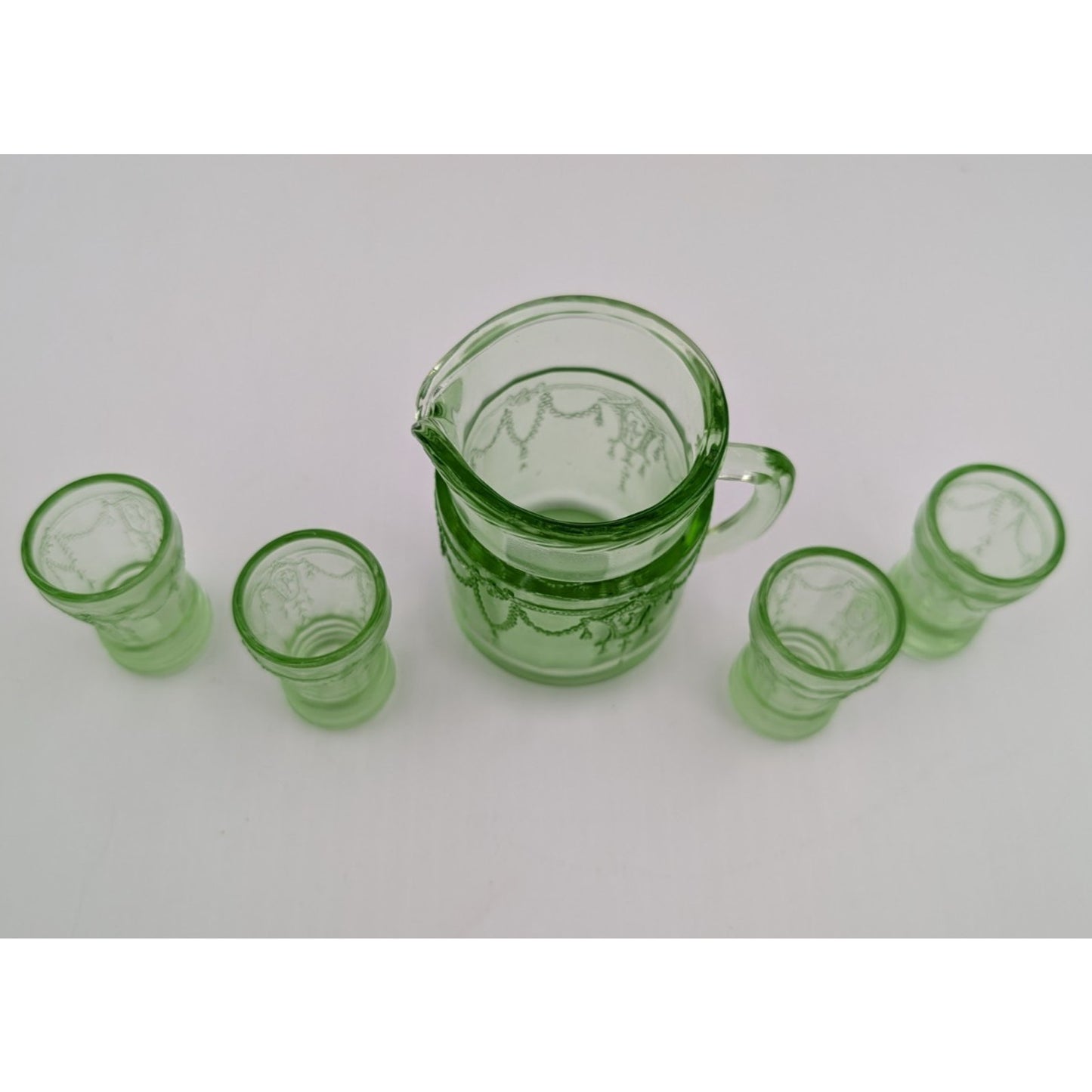 Vintage Mosser Green Glass Miniature Jennifer Set #11 - Pitcher and 4 Glasses