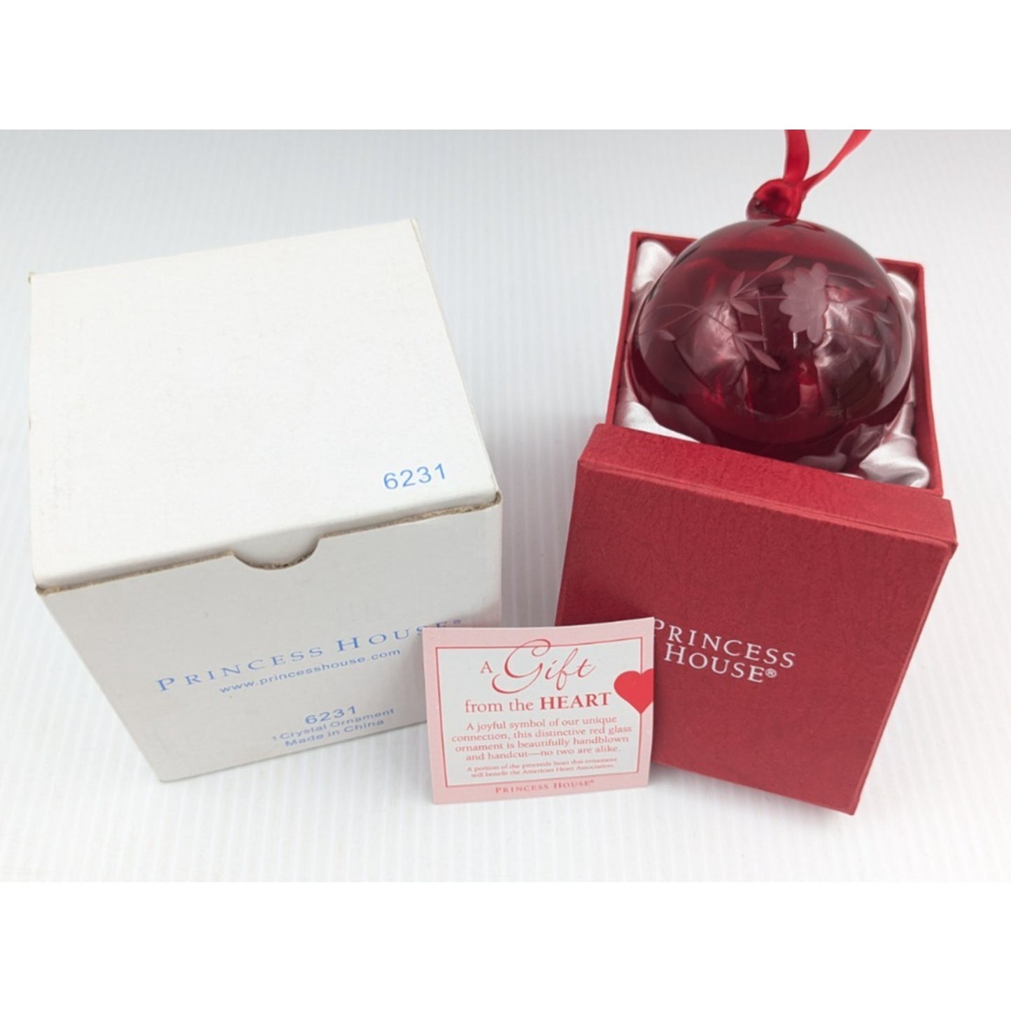Princess House Heritage Red Hand Blown Etched Floral Crystal Glass Ornament
